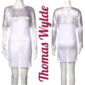 THOMAS WYLDE Carpe Diem Graphic Bateau Neckline Long Sleeve White Mini Dress, S